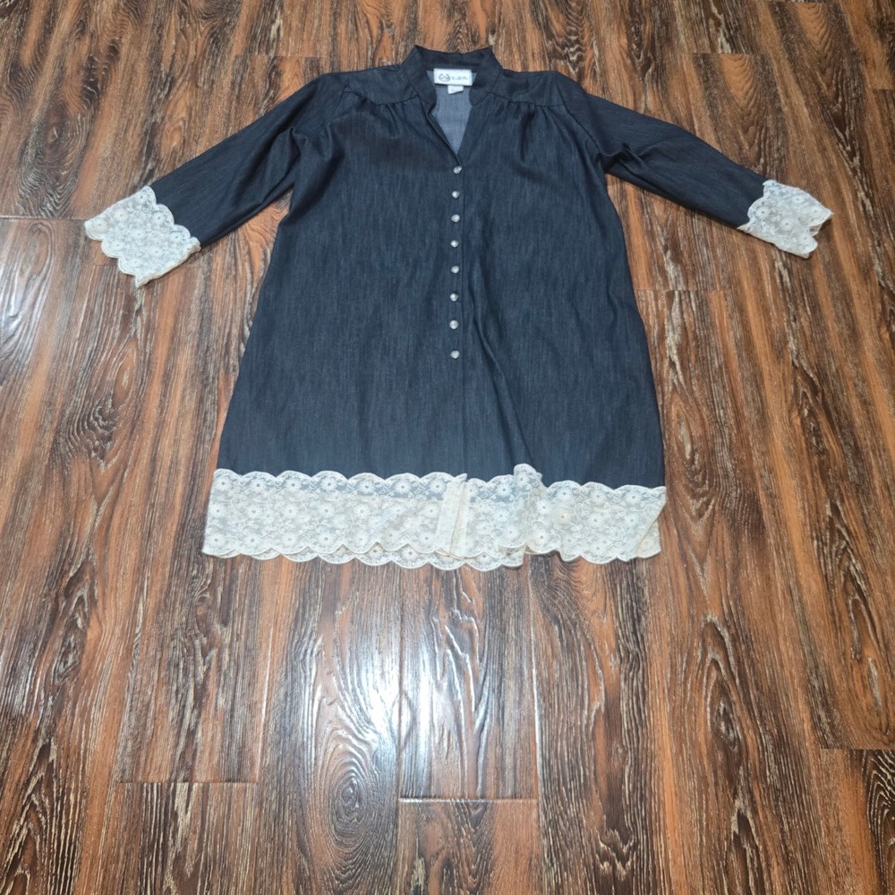 L&B L Denim Tunic Dress Womens Dark Wash Lace Trim Button Front Western 1222